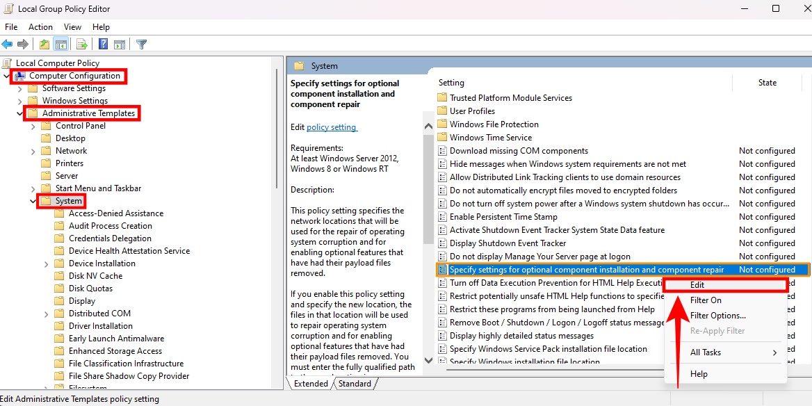 group policy editor windows update optional components settings