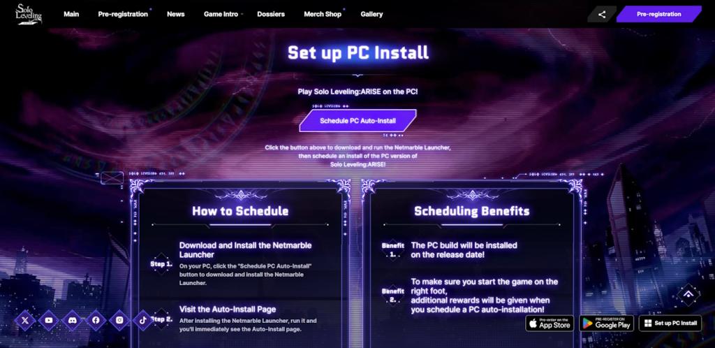 SL Arise schedule PC Installation page