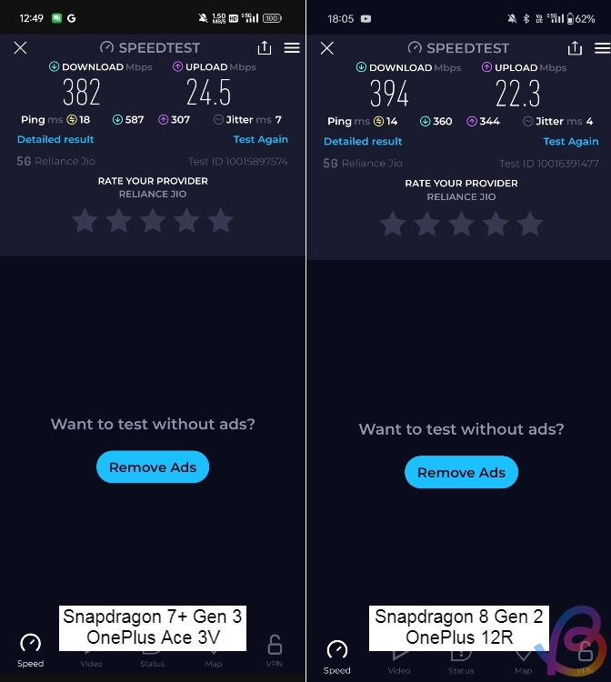 5g speed test between snapdragon 7+ gen 3 and sd 8 gen 2