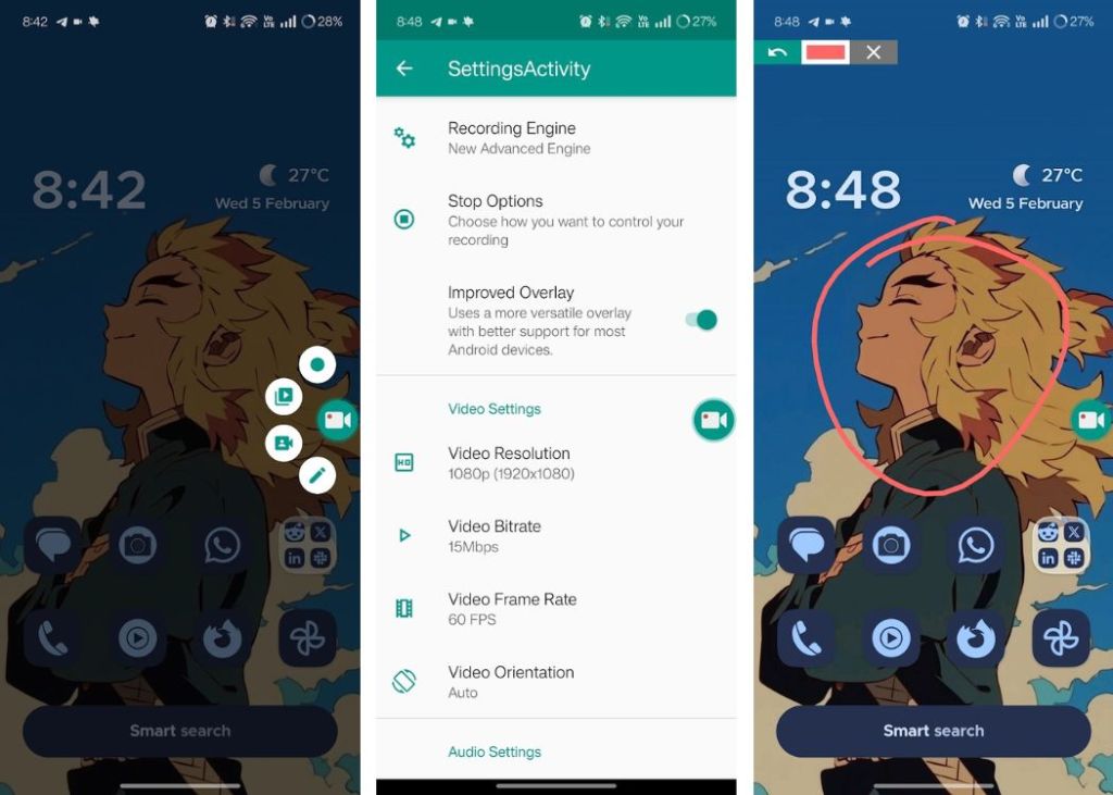 Android home screen with ADV screen recording overlay