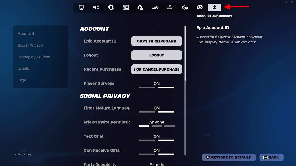 Account and Privacy tab