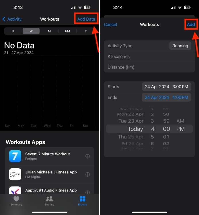 Add Workout data on iPhone