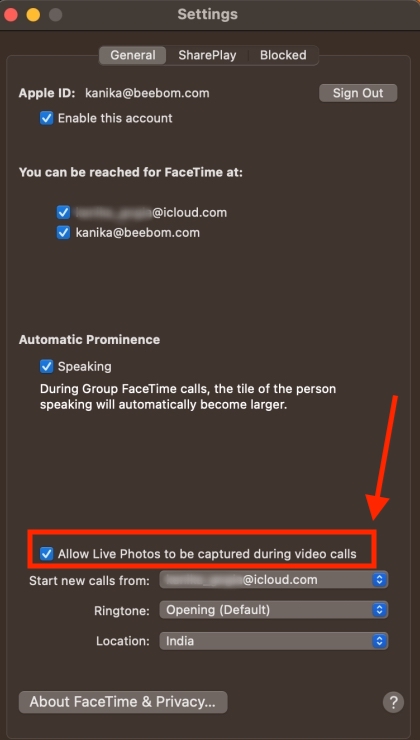 Allow Live FaceTime Photos on Mac