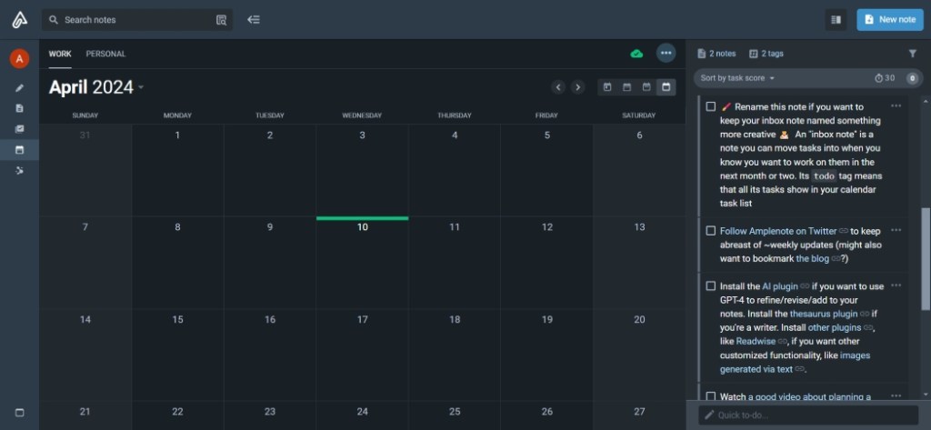 AmpleNote Calendar feature