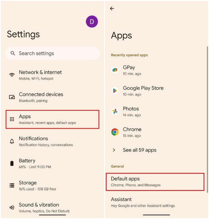 Default apps section in Android 15 Beta 1
