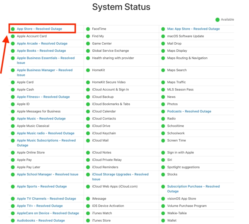 Apple System Status Page