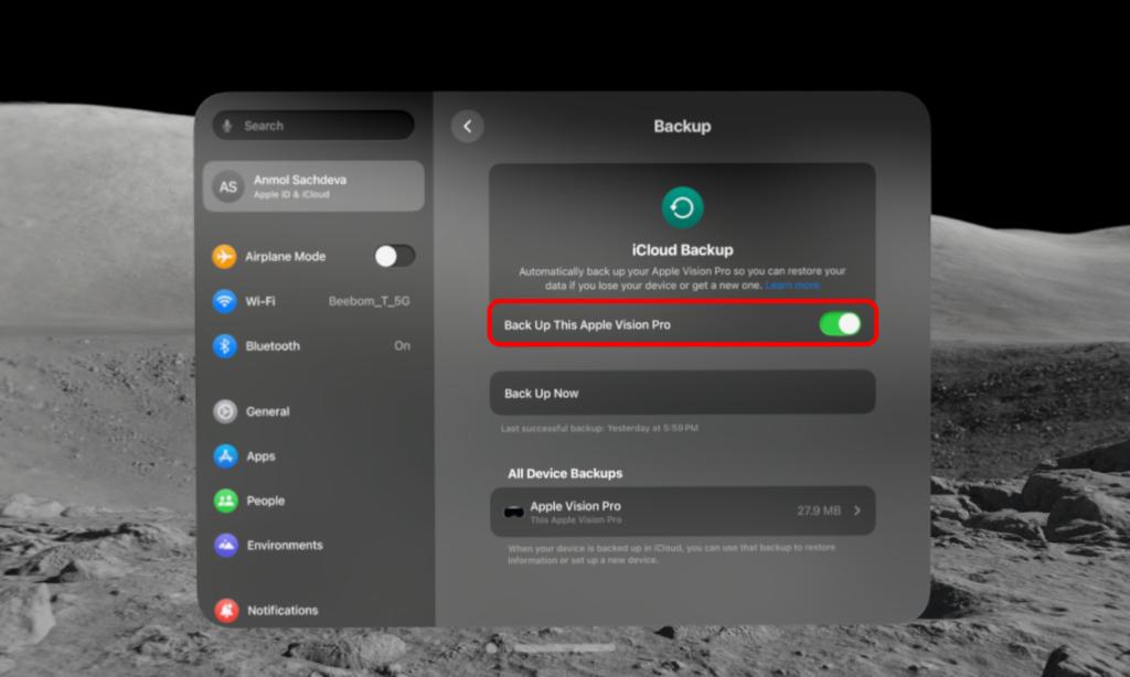 Apple Vision Pro toggling on iCloud Backup