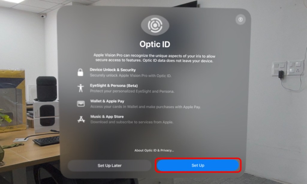 Blue Set Up Optic ID Vision Pro button