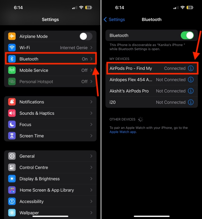 Bluetooth section in iPhone Settings
