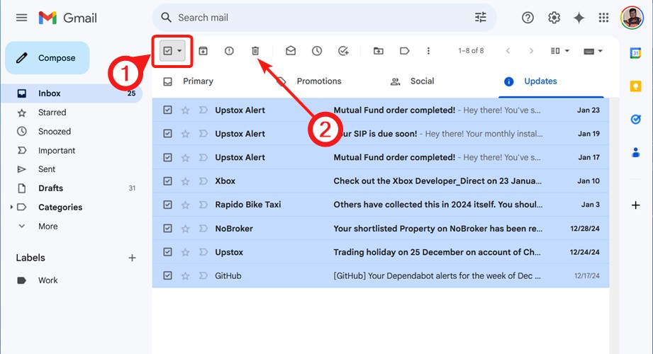 Gmail promotions page with select all and delete buttons highlighted