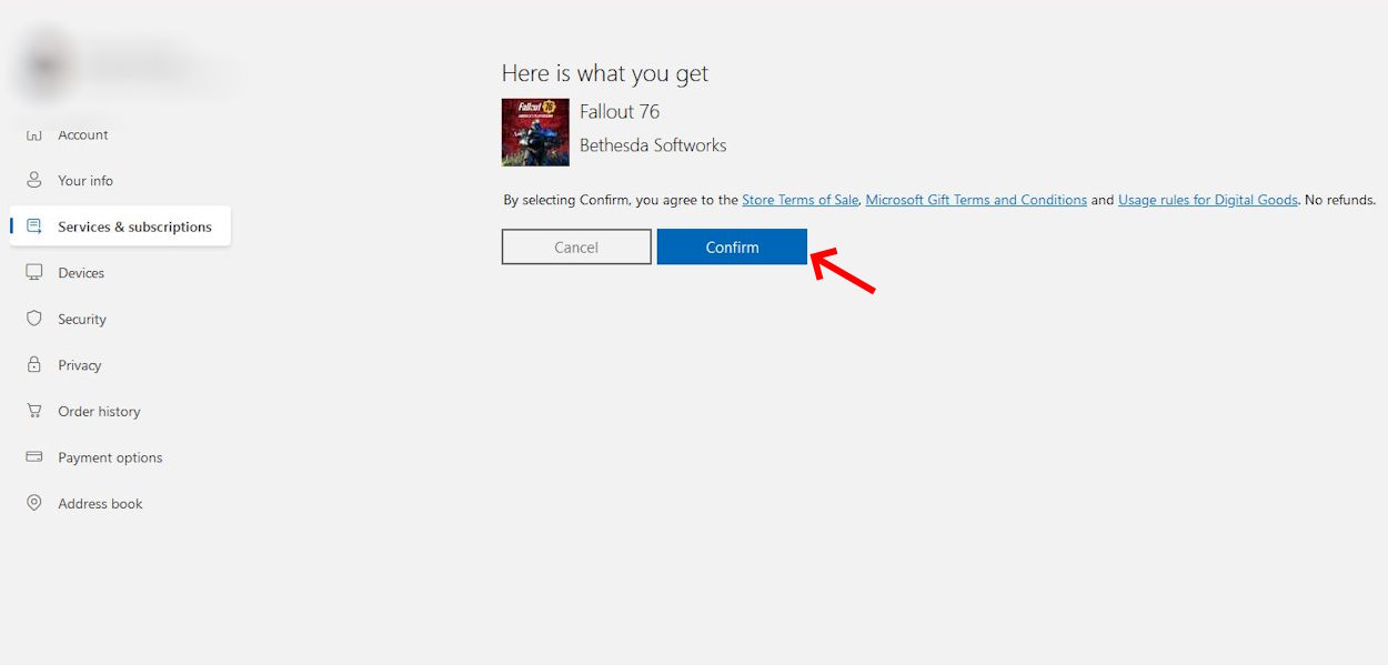 Click on confirm to add Fallout 76 to your Microsoft Xbox account