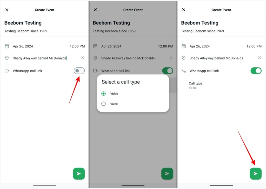 Add WhatsApp call link to the Event if needed then tap the send icon to create the Event