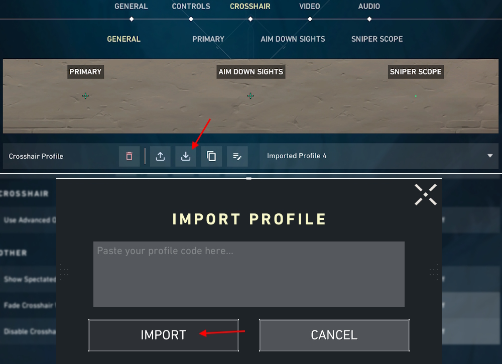 Copy and Import Crosshair code option in Valorant