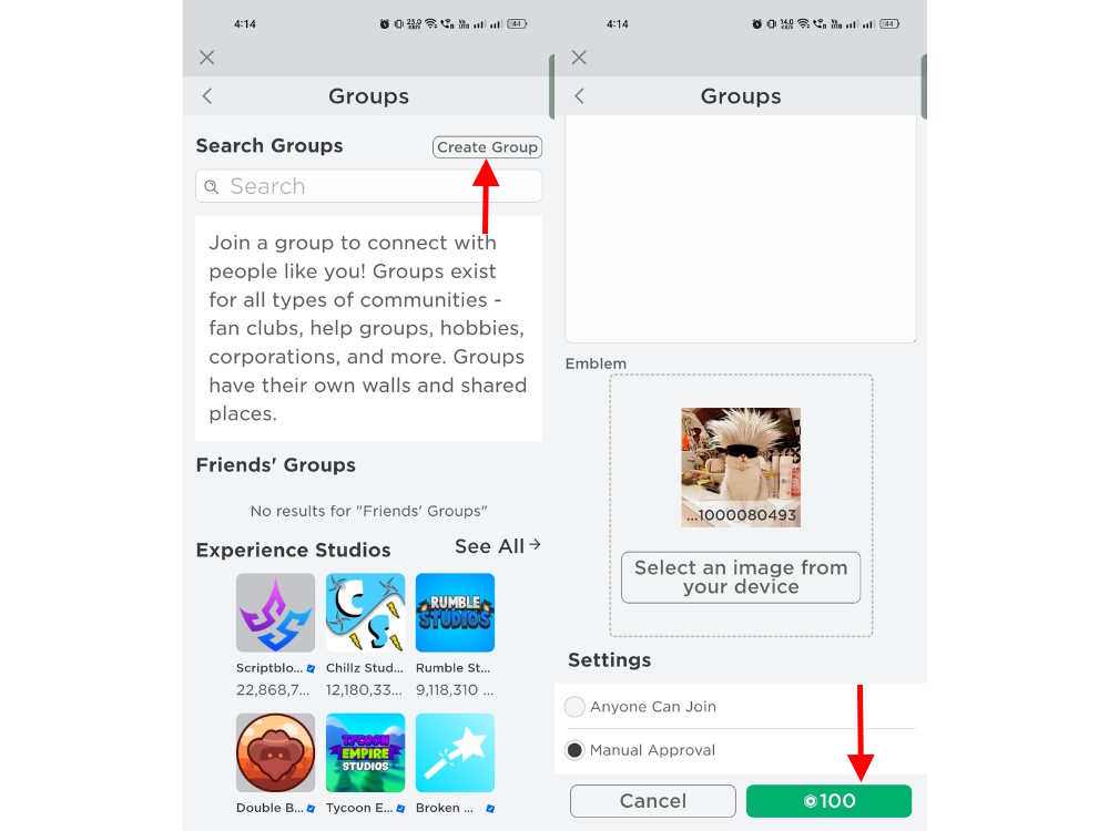 Create a Roblox Group in app