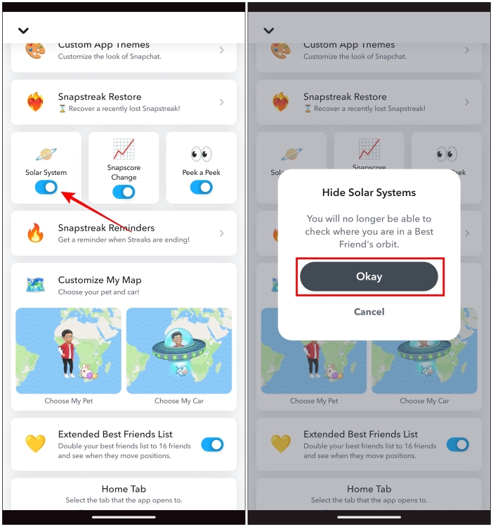 Turn off the Solar System feature in Snapchat