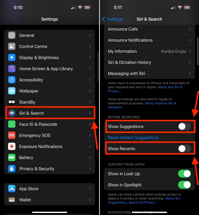 Disable Siri Suggestions in Spotlight
