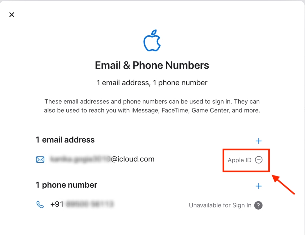 Email & Phone Numbers section on AppleID