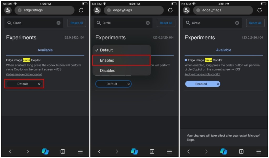 Enable Circle to Copilot in Edge browser with flag