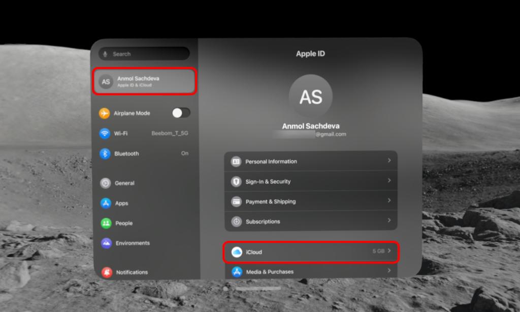 Getting to iCloud panel on Vision Pro
