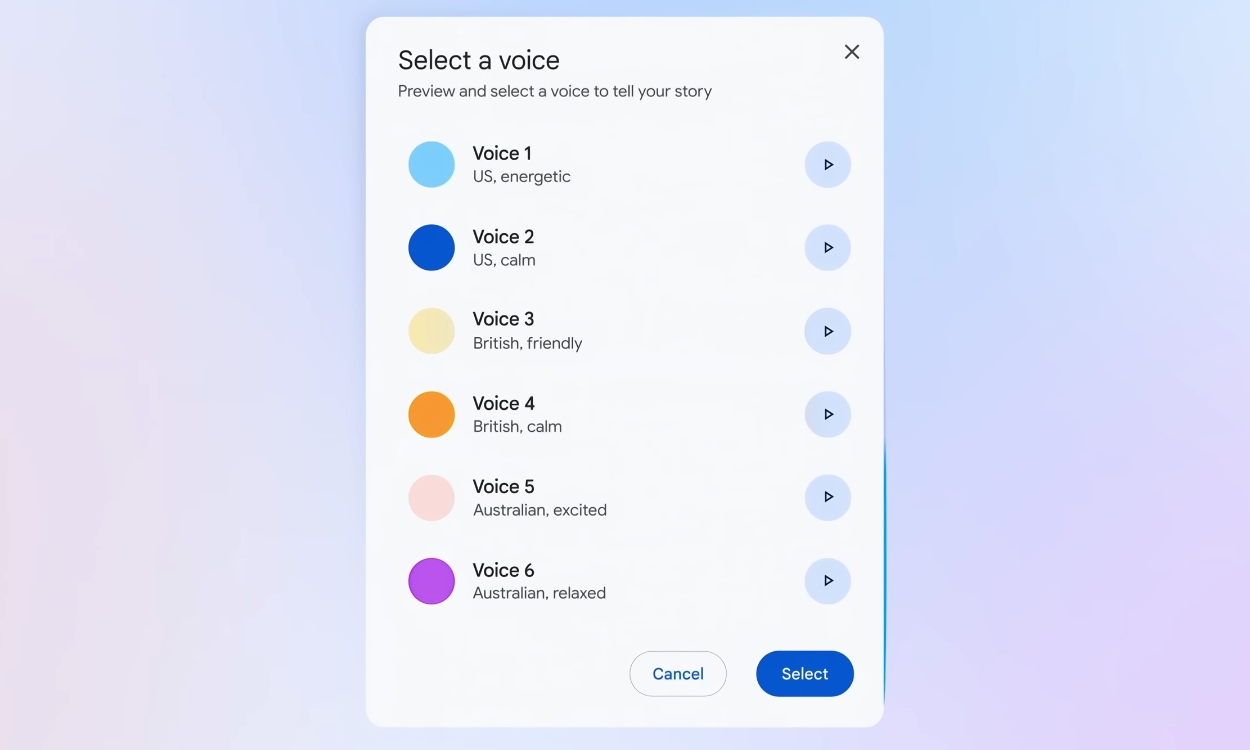 Choose a voice to tell a story on Google Vids