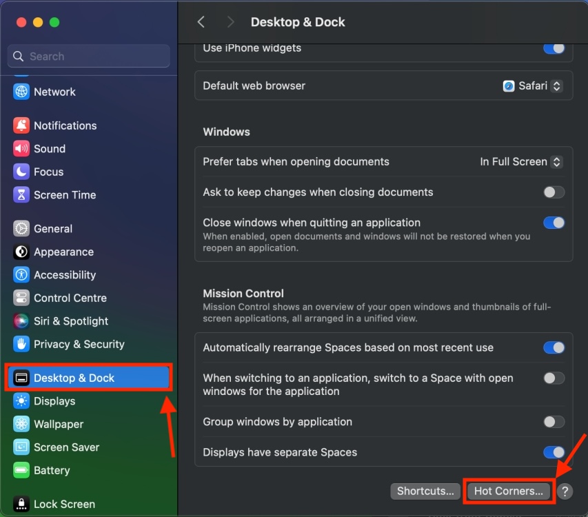 Hot Corners option in Mac Settings