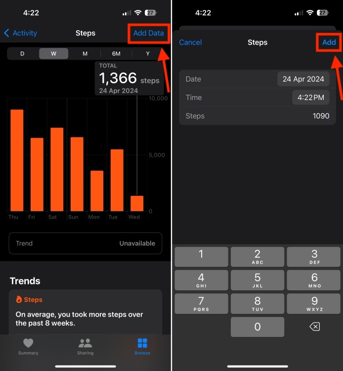 How to manually add data in Health app