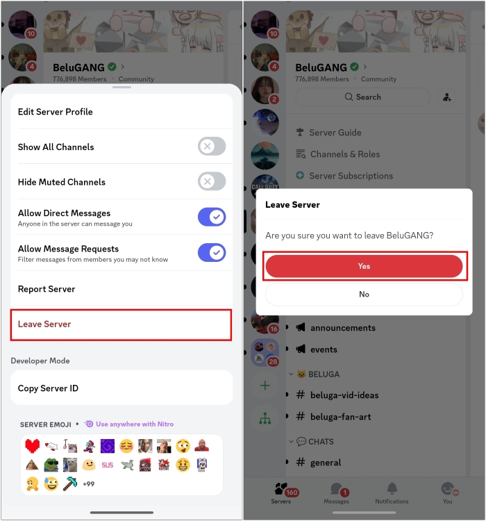 Leave Discord server from mobile app