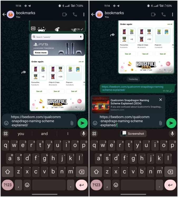 before and after of disabling link previews on WhatsApp
