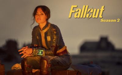 Lucy sitting in front of a campfire in a white and yellow suit in Fallout tV seies