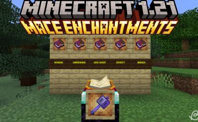 Enchanted books and enchanted mace in item frames, signs with best mace enchantments and an enchanting table in Minecraft 1.21