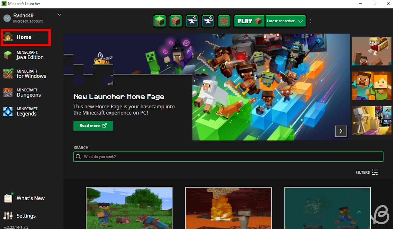 Minecraft Launcher Home tab