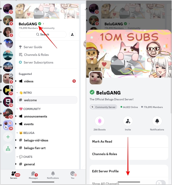 Open server in Discord mobile app