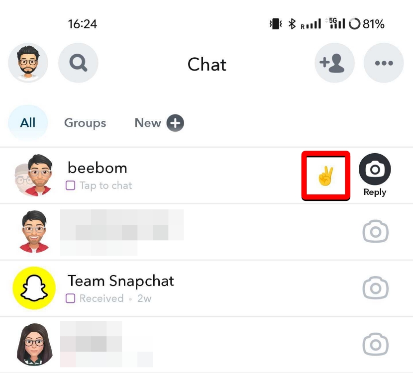 Peace Sign appears on the right side of a Snapchat group on the Chat screen