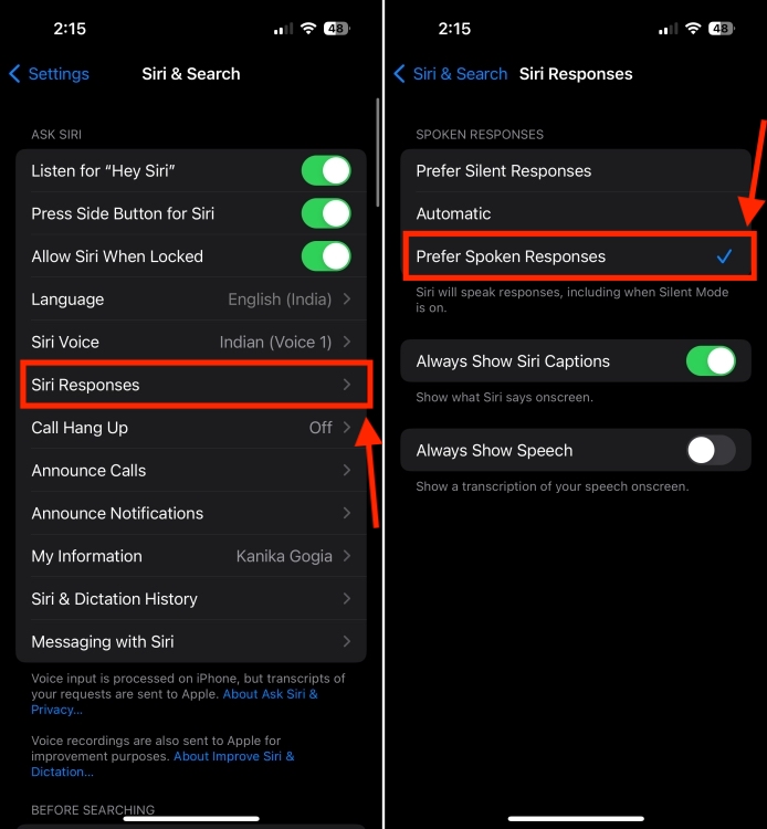 Prefer Spoken Responses option in Siri settings