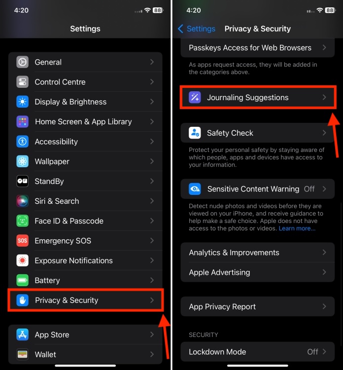 Privacy & Security section in iPhone Settings