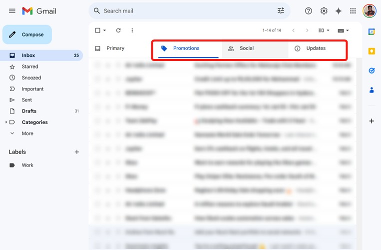 Gmail home page on web with promotions social and updates tabs highlighted