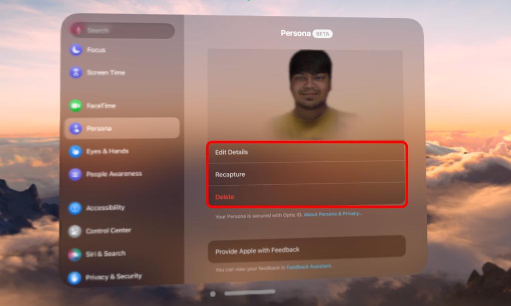Edit, Recapture or Delete Persona Options on the Vision Pro