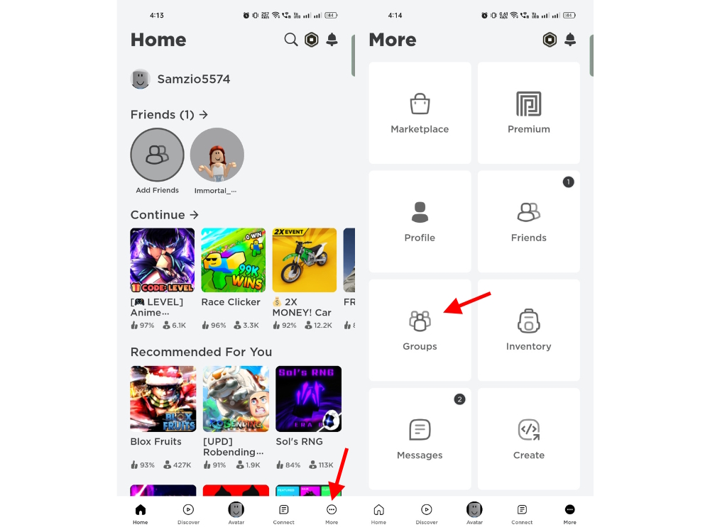 Roblox mobile app groups section
