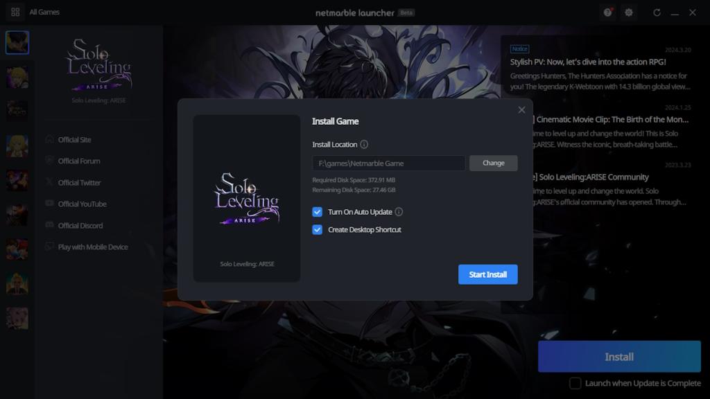 Solo Leveling: Arise's installation page