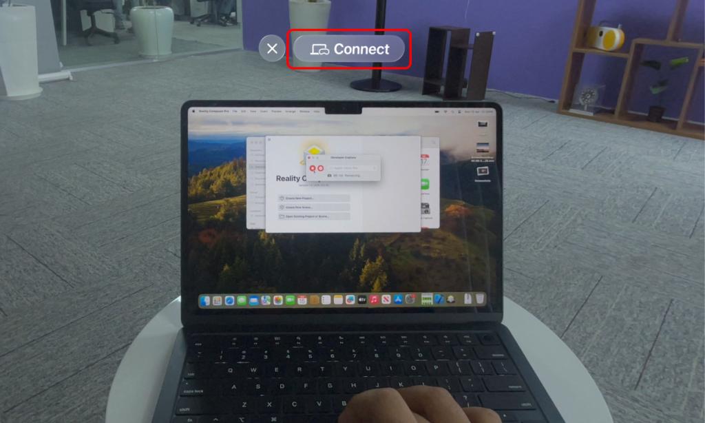 Seeing the Connect button appear on top of a Mac's display through the Apple Vision Pro
