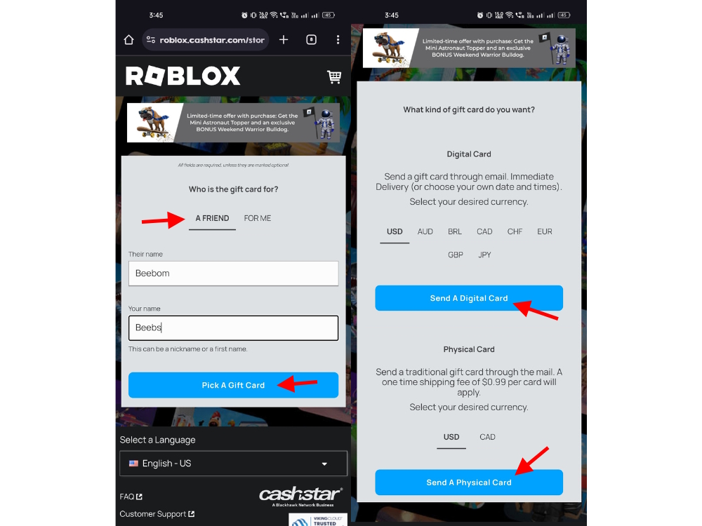 Select Roblox gift card type on mobile browser