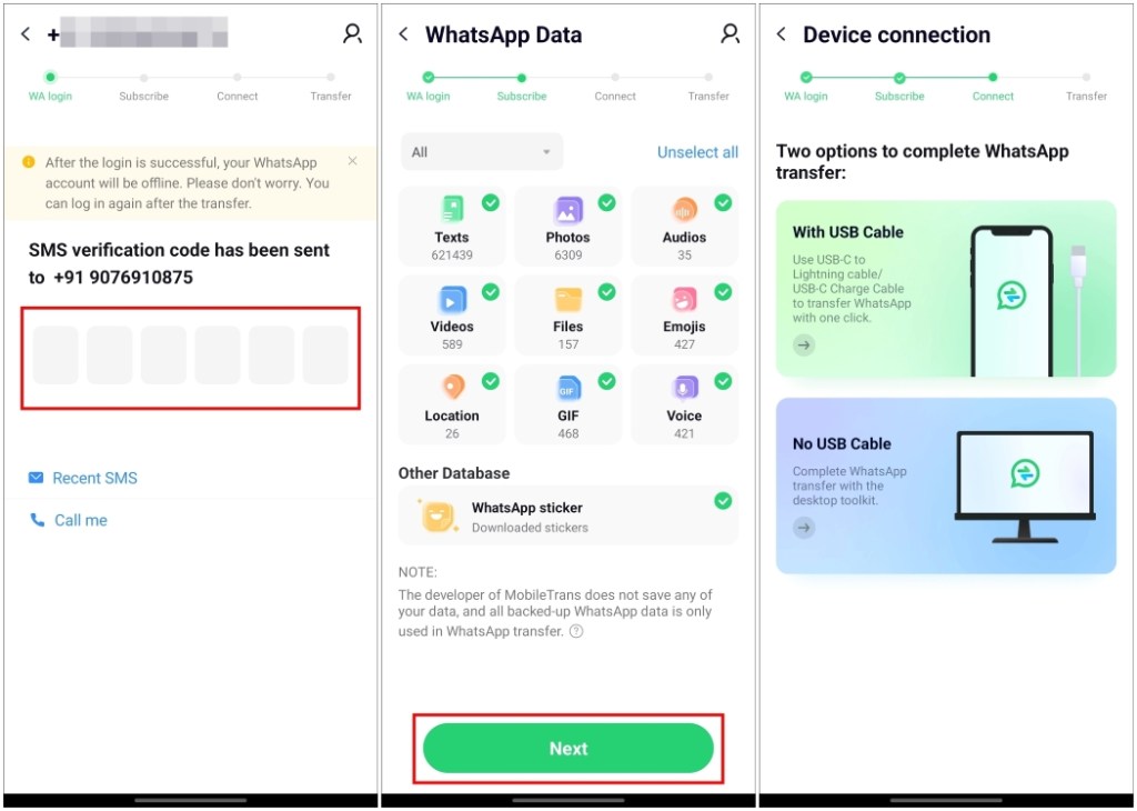 Choose the WhatsApp files and data you want to transfer