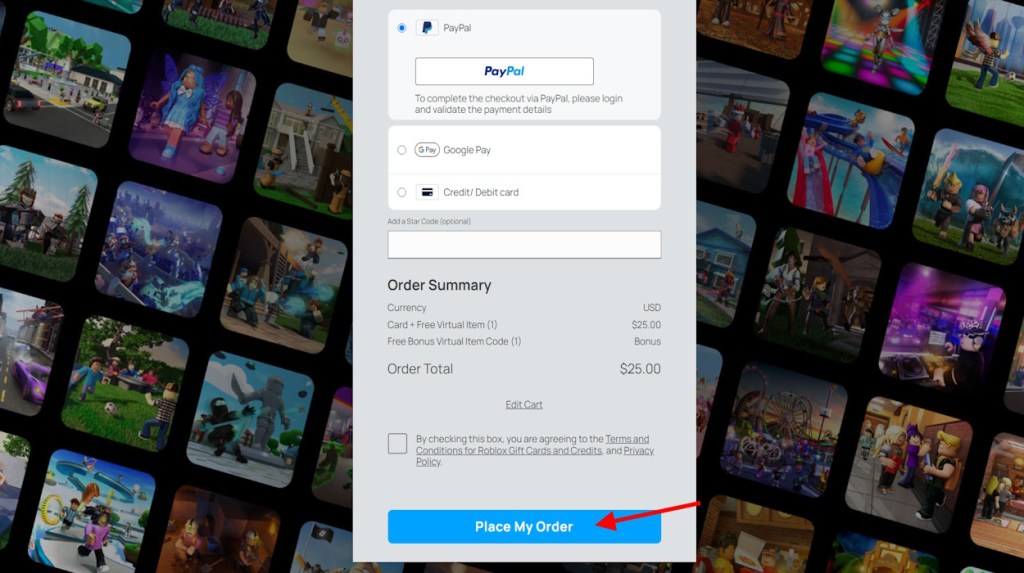 Select purchase option and place order to give robux