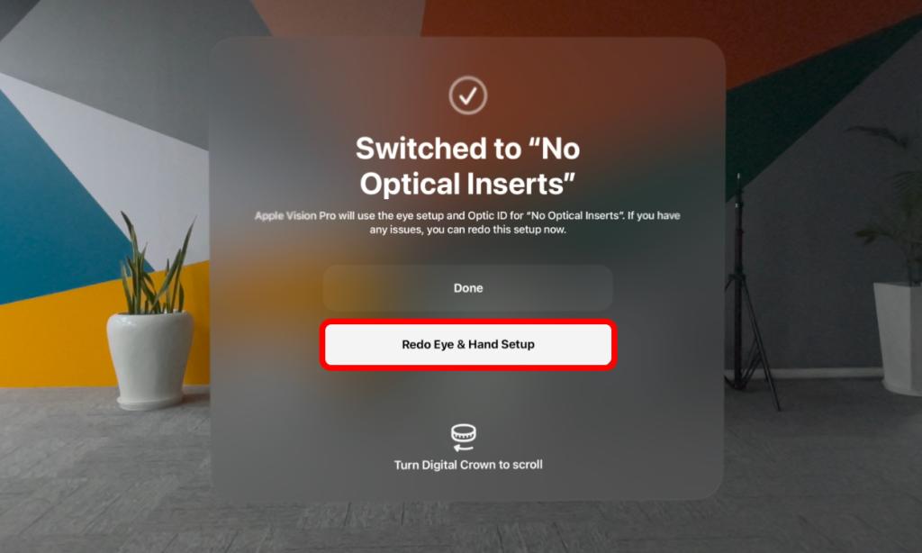 Selecting Redo Eye and Hand Setup option on Vision Pro