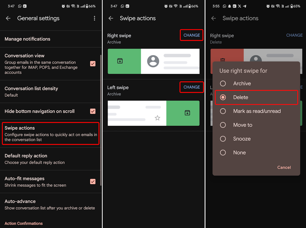 Setting swipe action to delete emails on the Gmail Android app