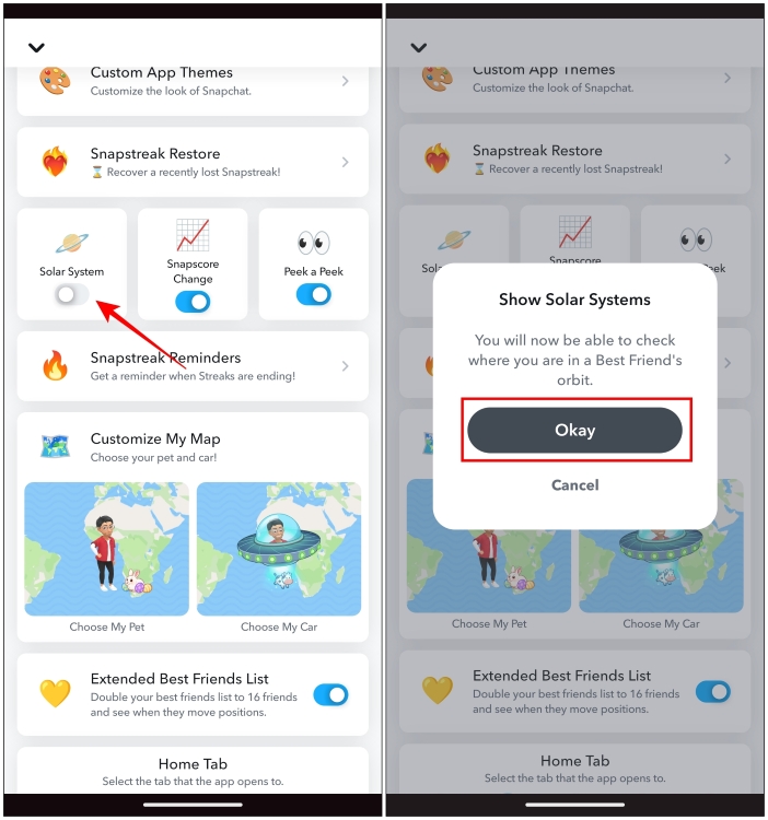 Enable the Snapchat Friend Solar System in Snapchat+ Menu