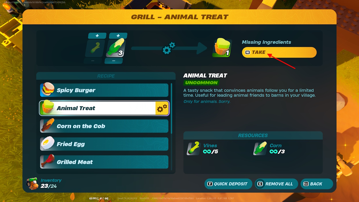 Take Animal Treat to tame animals in LEGO Fortnite