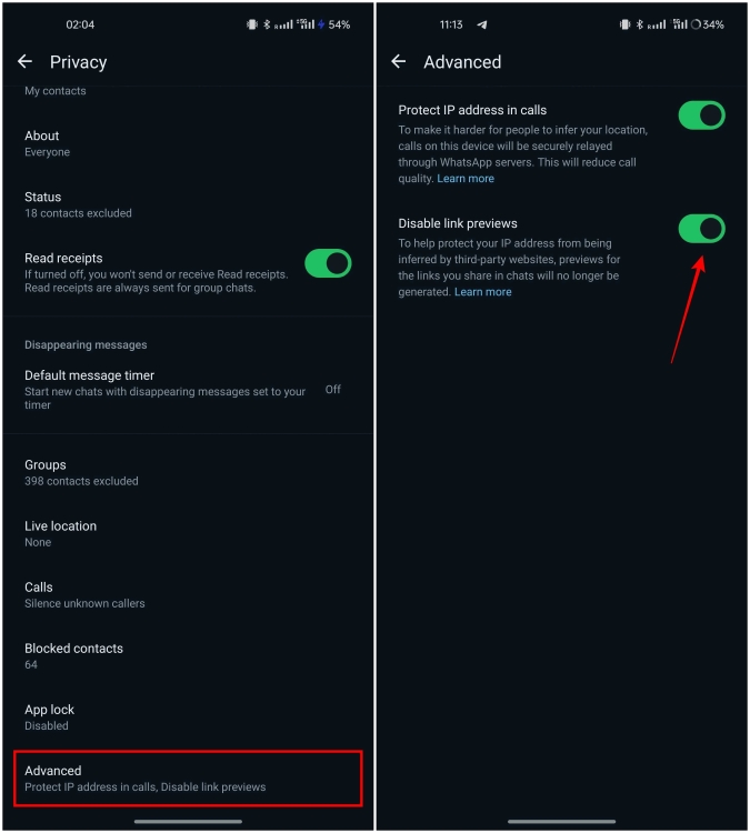 Open Advanced settings and toggle on Disable Link Previews