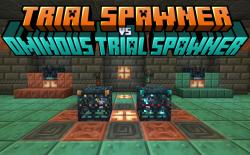 Trial spawner next to an ominous trial spawner inside trial chambers in Minecraft 1.21