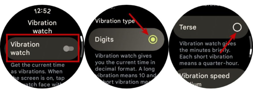 Vibration watch digits and terse